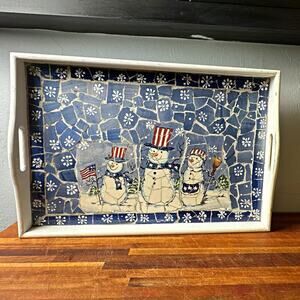 Ceramic Mosaic & Wood Patriotic Christmas serving tray. 19X13 With handles, read